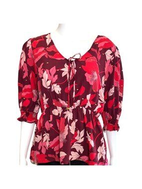 Love My Floral Top Harve Bernard Red Pink Wine Size L NWT